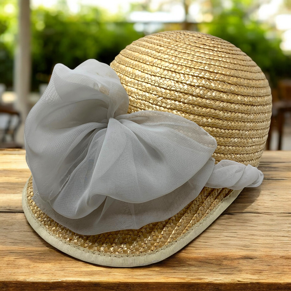 Vintage Accessory Lady Natural Straw Raffia Cap Hat Gray Tulle Bow O/S Woven